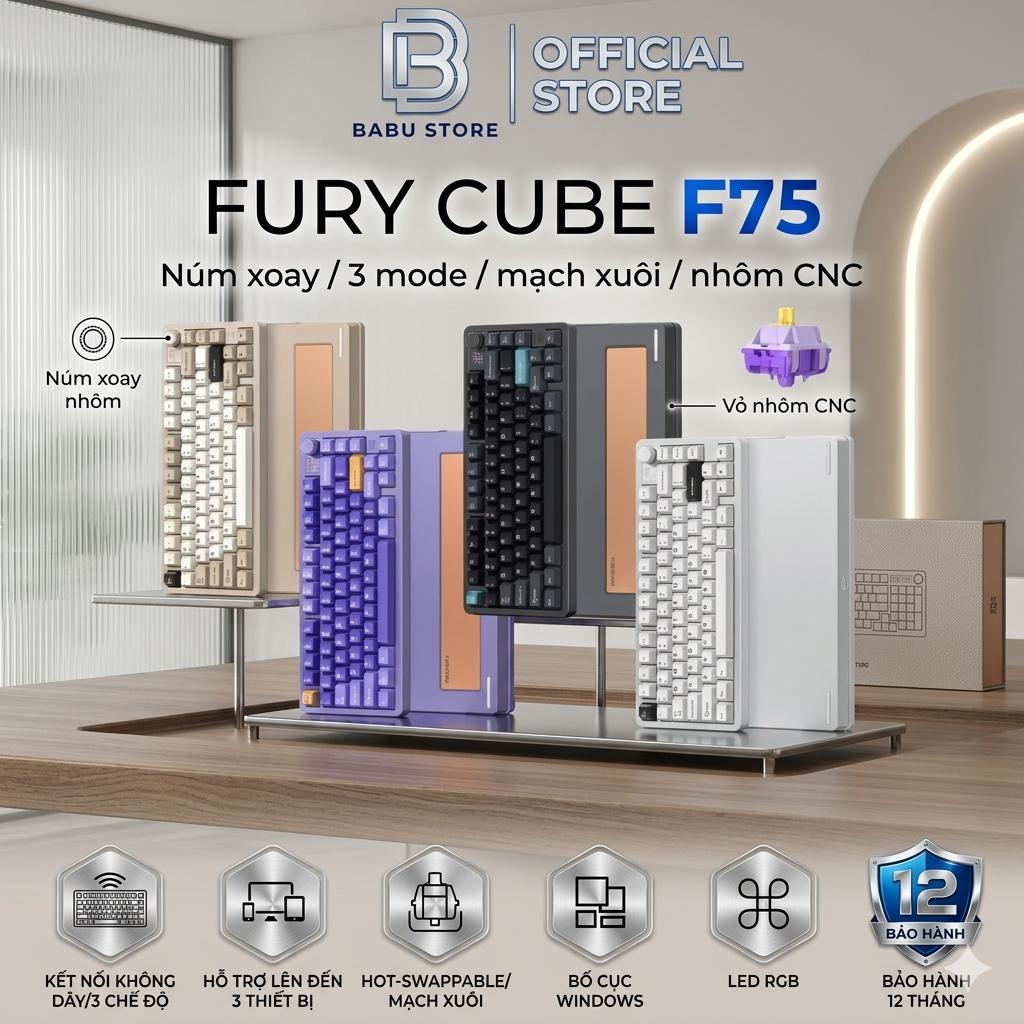 [BH 12TH] Bàn phím cơ Furycube F75 | f75 pro không dây , mạch xuôi , nhôm cnc , led rgb , hotswap , 