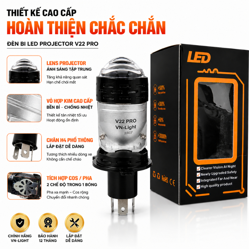 Đèn bi cầu V22 Pro H4 cực sáng, 60W dễ dàng lắp đặt, lắp ô tô, xe máy 12v-24v
