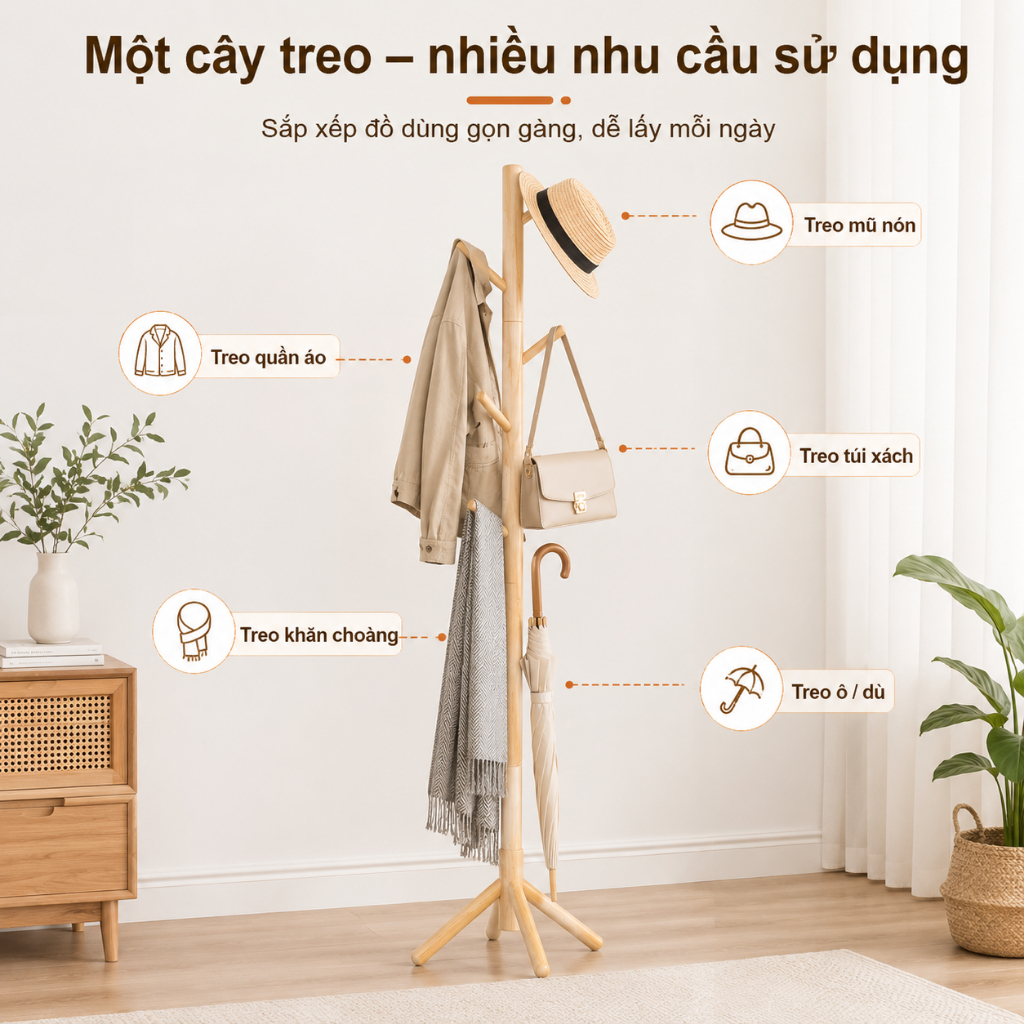 Cây Treo Quần Áo Đứng CONOCO Gỗ Tự Nhiên Nhiều Móc Treo Áo Túi Mũ Tiết Kiệm Diện Tích | BigBuy360 - bigbuy360.vn