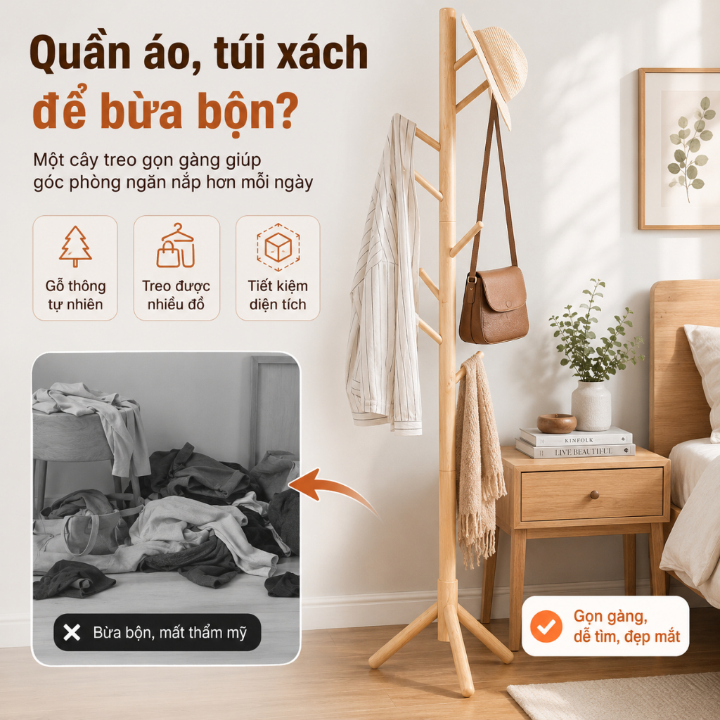 Cây Treo Quần Áo Đứng CONOCO Gỗ Tự Nhiên Nhiều Móc Treo Áo Túi Mũ Tiết Kiệm Diện Tích | BigBuy360 - bigbuy360.vn