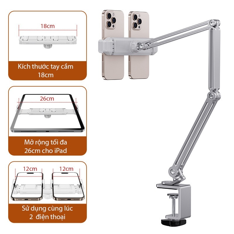 Digimix - P60 Plus, P67 Arm Nâng Hạ Ipad, Tablet Cao Cấp Kẹp Cạnh Bàn Điều Chỉnh Thoải Mái Xoay 360 