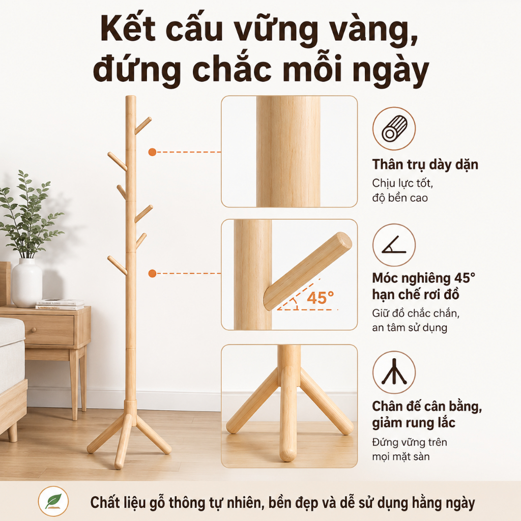 Cây Treo Quần Áo Đứng CONOCO Gỗ Tự Nhiên Nhiều Móc Treo Áo Túi Mũ Tiết Kiệm Diện Tích | BigBuy360 - bigbuy360.vn