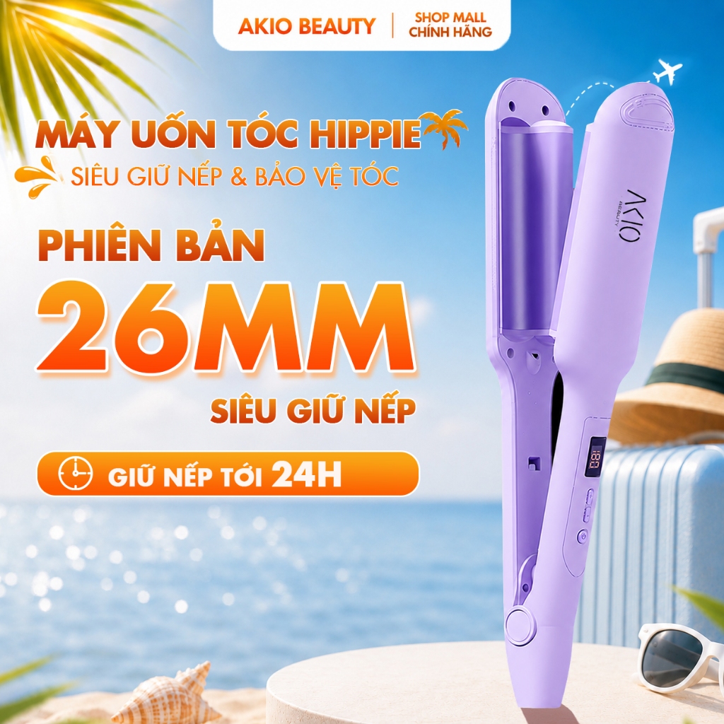 Máy Uốn Tóc Hippie  AKIO BEAUTY  2 trục  26mm, Công Nghệ Ion Âm, Phủ Men Gốm, Làm Nóng Nhanh 10s