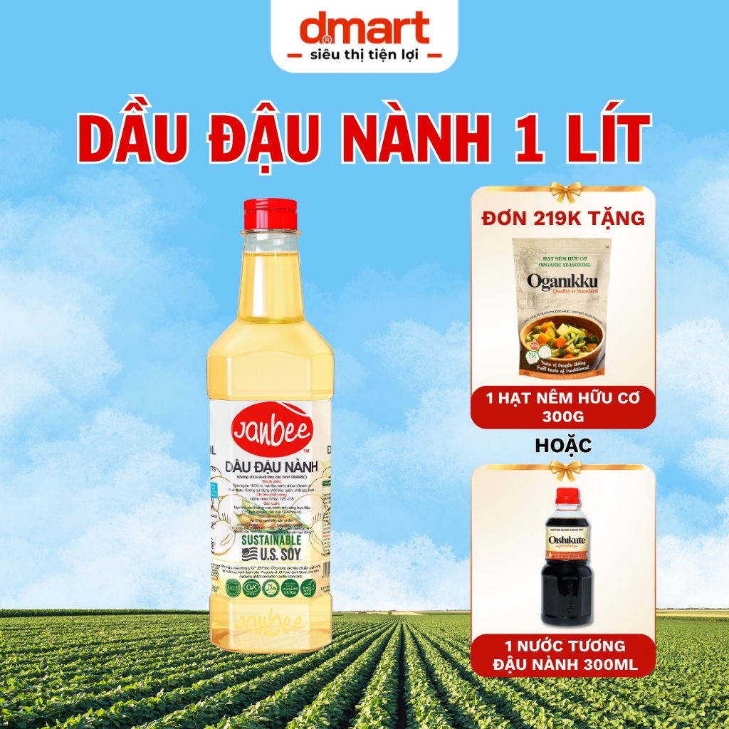 Dầu Đậu Nành Janbee Nguyên Chất Chai 1 Lít - Giàu Omega 3, 6, 9, Vitamin A, E - Tốt Cho Tim Mạch