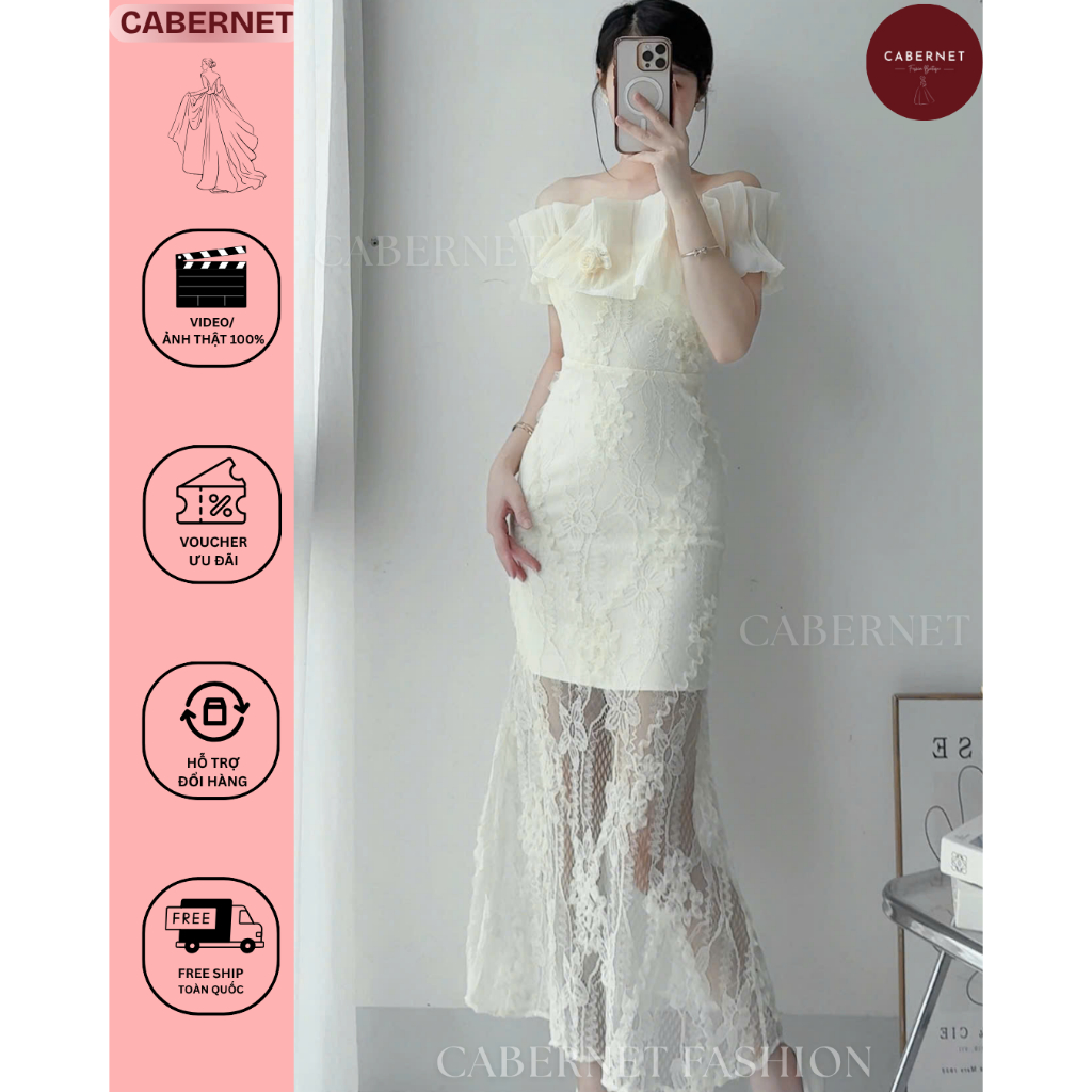 D314 Cabernet Nolan Dress đầm trễ vai hoa ren dáng dài đi biển, đi tiệc