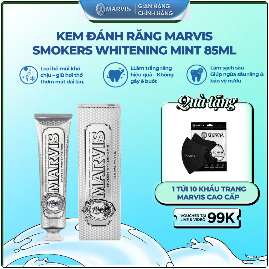 Kem đánh răng Marvis Smokers Whitening 85ML - Giảm ố răng, trắng sáng, thơm miệng dài lâu