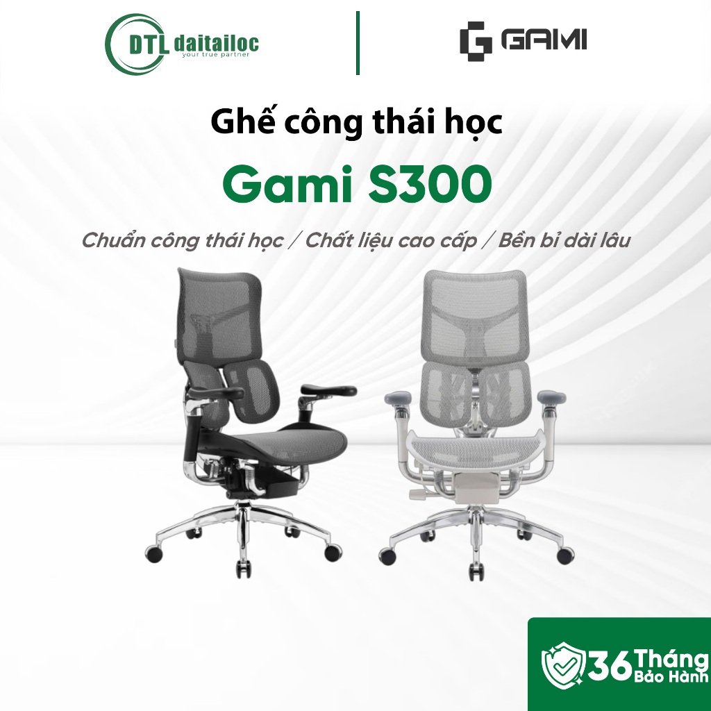Ghế công thái học Gami S300 có gác chân | Chính hãng | Bảo hành 36 tháng