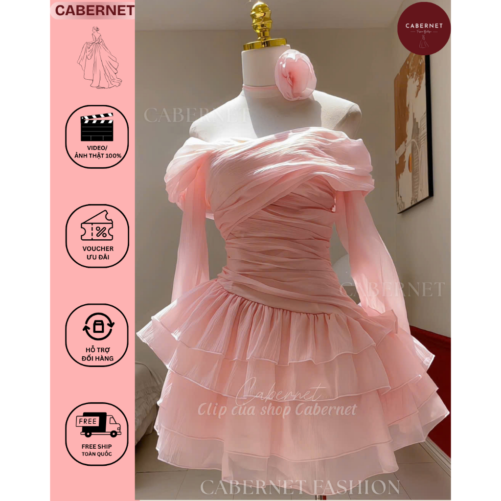 D214 - Cabernet Taera Dress trễ vai tay dài tầng dáng ngắn tag hoa