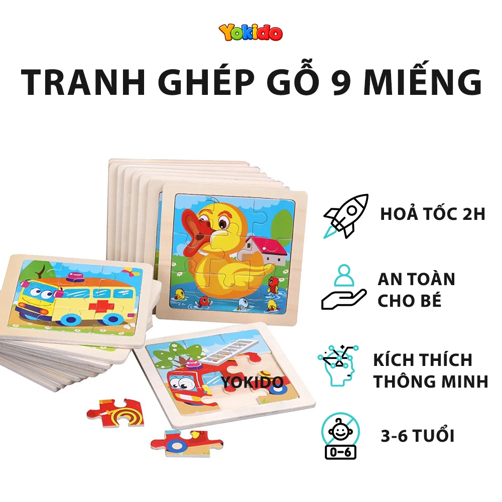 Tranh Ghép Hình, Xếp Hình Gỗ 9 Mảnh Nhiều Chủ Đề YOKIDO - Puzzle Giúp Bé Kích Thích Sáng Tạo, cho bé