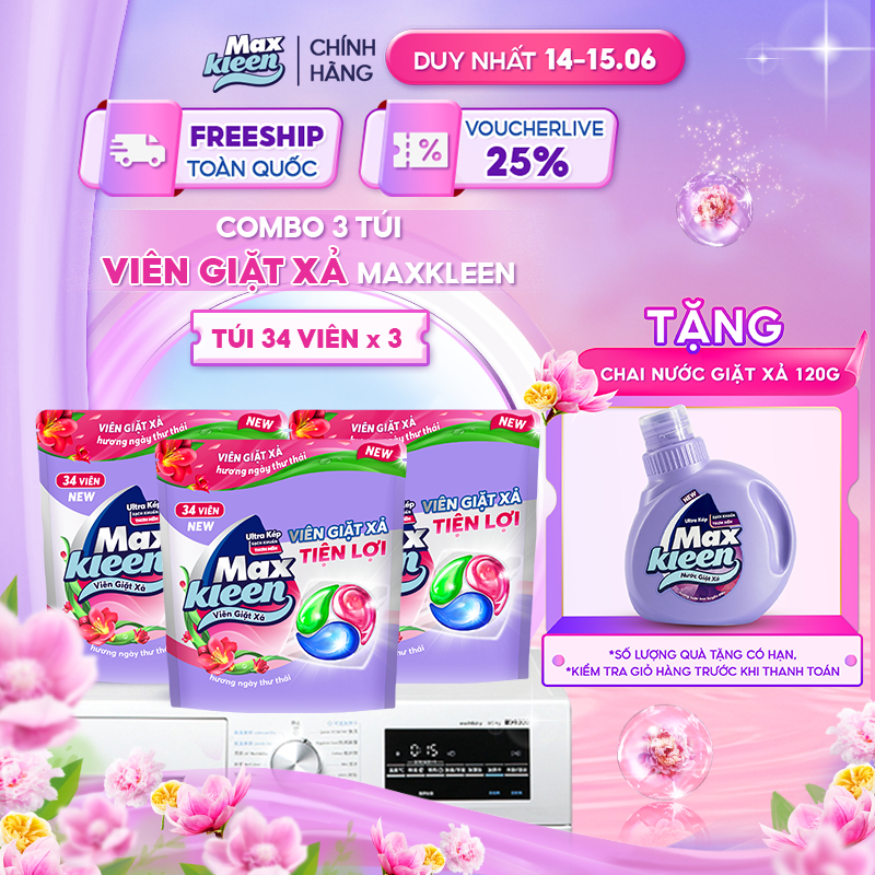Combo 3 Túi Viên Giặt Xả MaxKleen hương ngày thư thái (34 viên/túi)