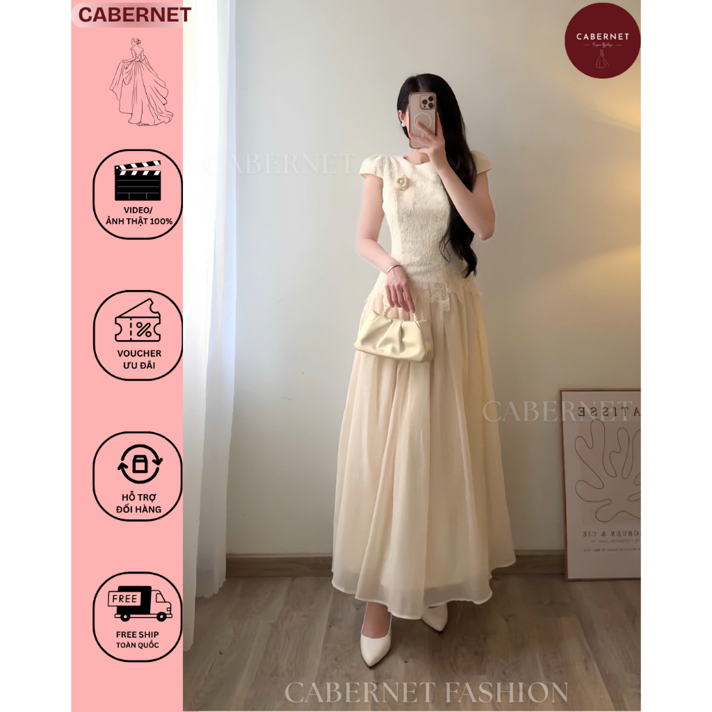 D324 Cabernet Felity Dress đầm đi tiệc dáng dài có tay cổ tròn phối hoa xinh xắn