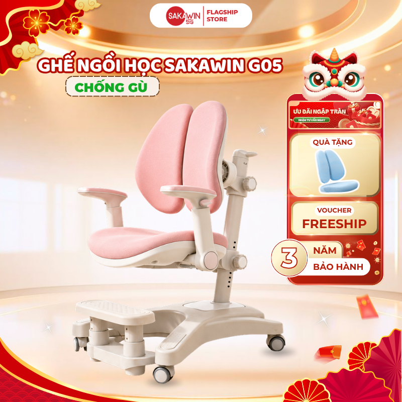 Ghế chống gù cao cấp Chính hãng Sakawin G05 - Điều chỉnh chiều cao, Khóa bánh tự động, Đệm cao su no