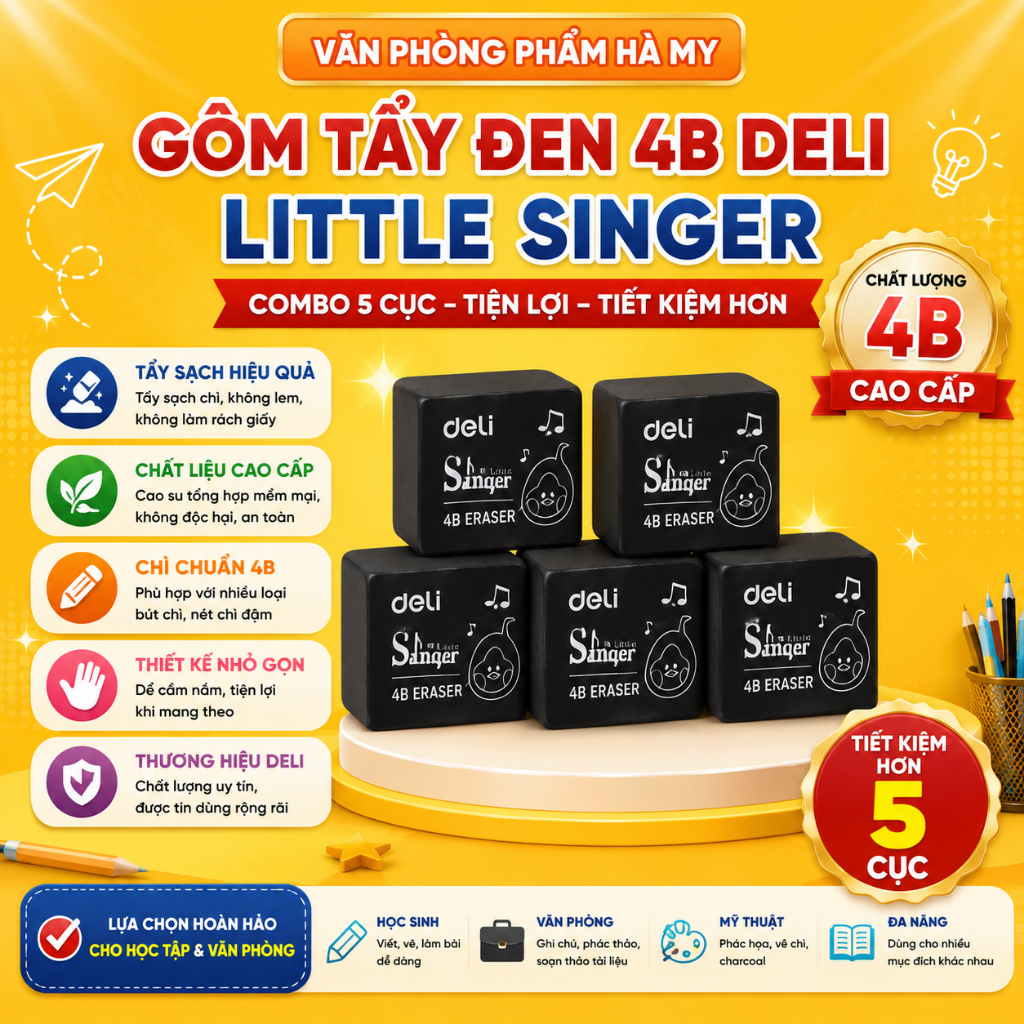 Combo 5 Cục Gôm Tẩy Đen 4B - Deli Little Singer