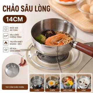 Nồi Đun Mì Chống Bỏng 14cm - Nồi Nấu Mì Mini Inox Cán Gỗ Dễ Vệ Sinh Đun Được Trên Bếp Gas