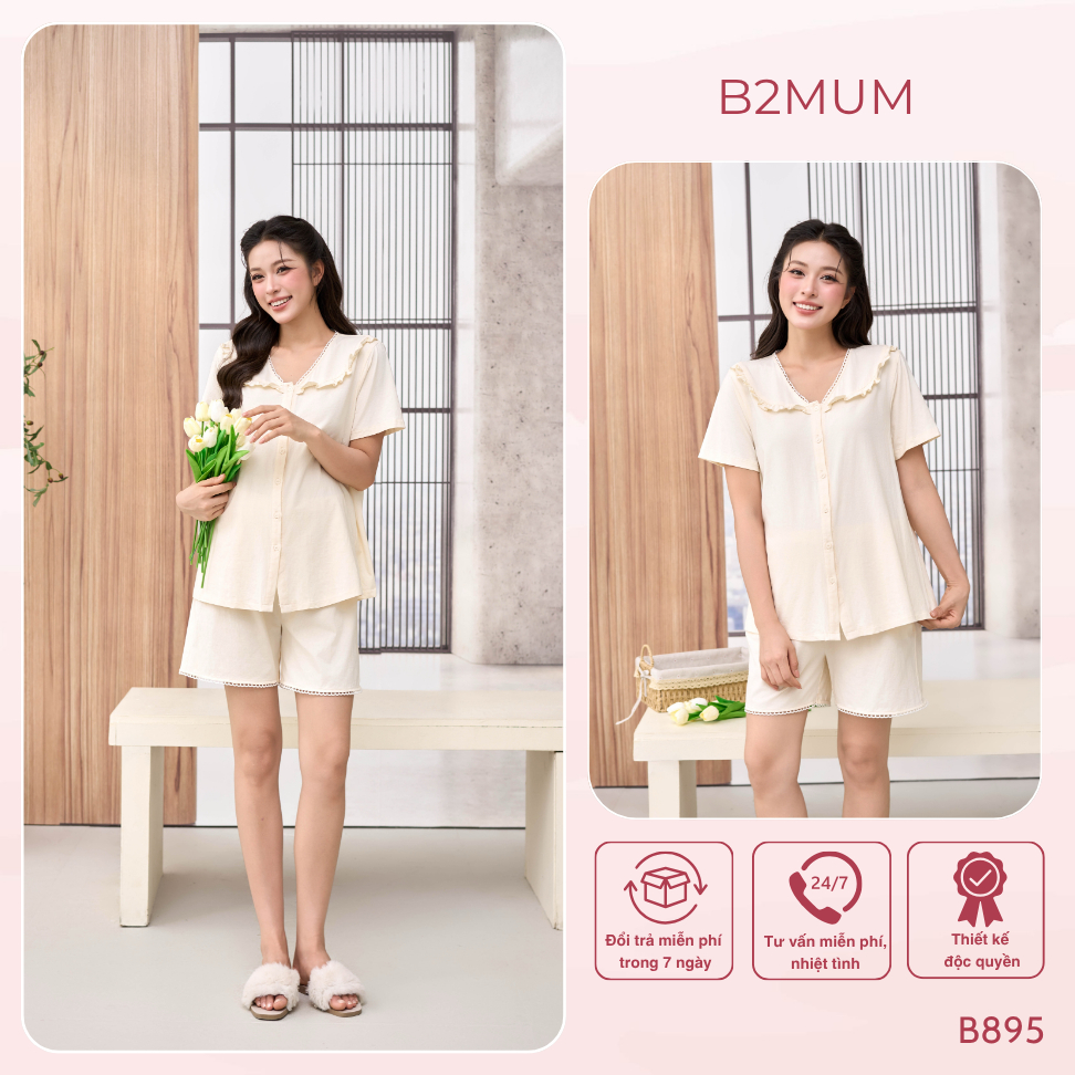 Bộ Bầu Cotton Sooc Phối Ren – Đồ Bộ Mặc Nhà Thoáng Mát Cho Mẹ Bầu & Sau Sinh, Có Chun Chỉnh Butter S