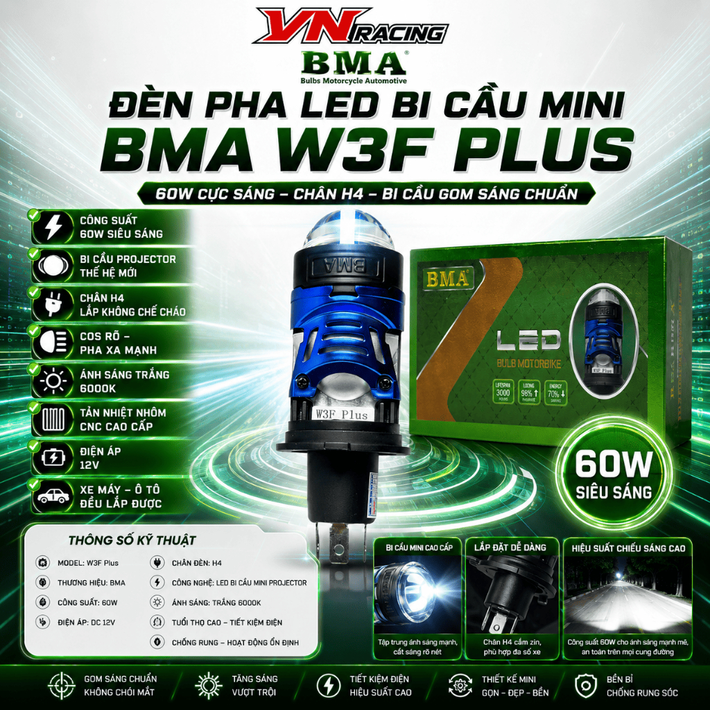 Đèn Pha LED Bi Cầu Mini BMA W3F Plus 60W 12V Chân H4 Siêu Sáng Cos Pha Chuẩn Cho Xe Máy Ô Tô BH 2Năm