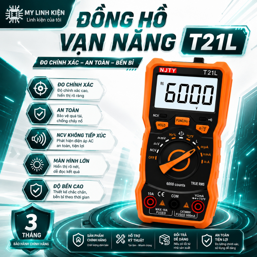 Đồng Hồ Đo Điện Vạn Năng NJTY T21L Đo Điện Xoay Chiều/Tụ Điện/Điện Áp Siêu Nhanh Chất Lượng Cao myli