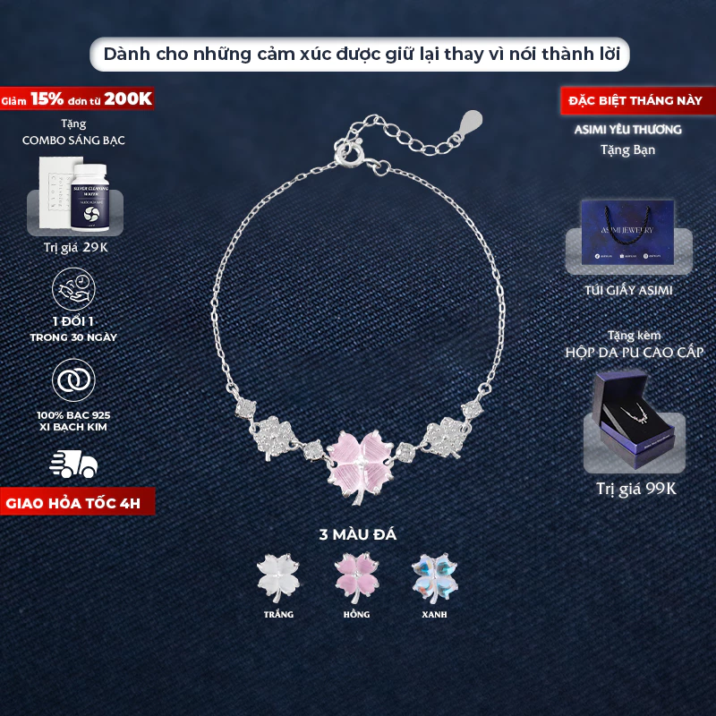 Lắc tay bạc nữ Cỏ 4 Lá Hồng Asimi Love Letter Bloom LT52 1