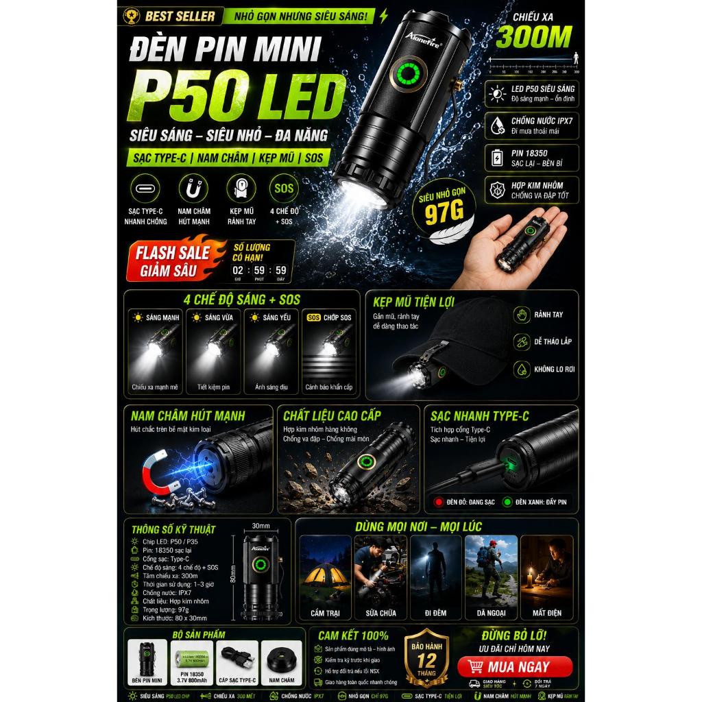 Đèn pin X-Balog BL-350X mini siêu sáng COB, sạc Type-C, nam châm, 4 chế độ, chống nước IPX6