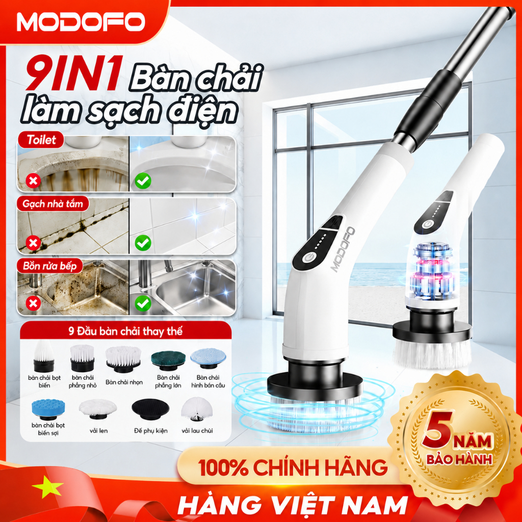 MODOFO Máy Cọ Vệ Sinh Điện 9 Đầu Cọ, Chổi Cọ Nhà Tắm Không Dây, Làm Sạch Khe…
