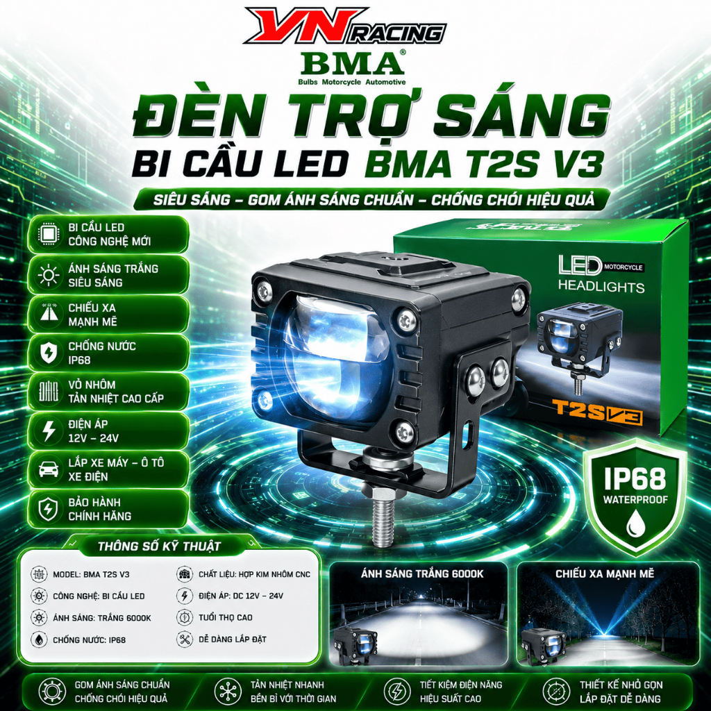 Đèn Trợ Sáng Bi Cầu LED BMA T2S V3/ V2/V1 60W Pha Laser Siêu Sáng Chiếu Xa Chống Chói Tô BH 1 Năm