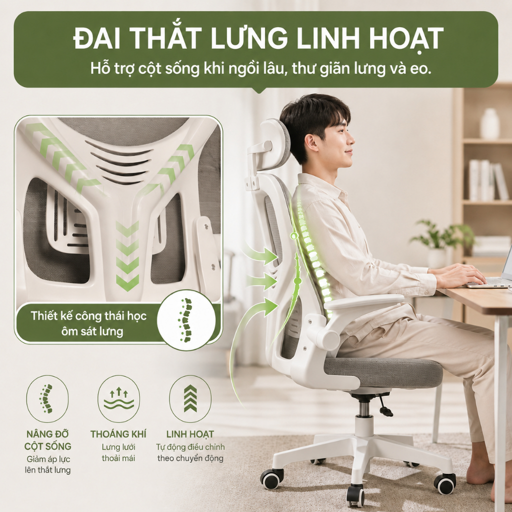 Ghế văn phòng công thái học Tựa lưng lưới thoáng khí Giảm đau lưng và Tựa đầu điều chỉnh được | BigBuy360 - bigbuy360.vn