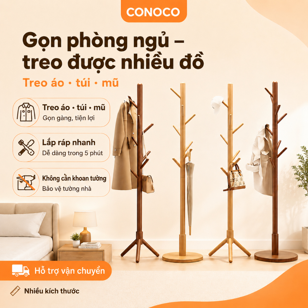 Cây Treo Quần Áo Đứng CONOCO Gỗ Tự Nhiên Nhiều Móc Treo Áo Túi Mũ Tiết Kiệm Diện Tích | BigBuy360 - bigbuy360.vn