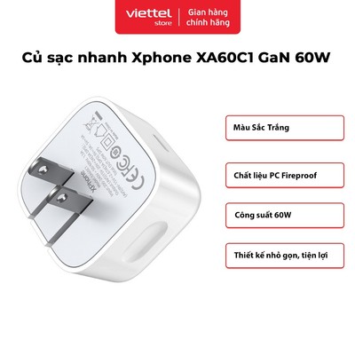 Củ sạc nhanh Xphone XA60C1 GaN 60W Chính hãng | Thiết kế nhỏ gọn, an toàn