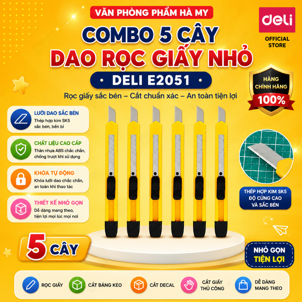 Combo 5 Cây Dao Rọc Giấy Nhỏ Deli E2051 Hợp Kim SK5 Độ Cứng Cao Và Sắc Bén
