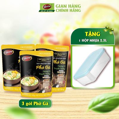Combo 3 gói nước dùng Phở Gà Barona 145g + [Tặng 1 hộp nhựa 2.3 Lít]