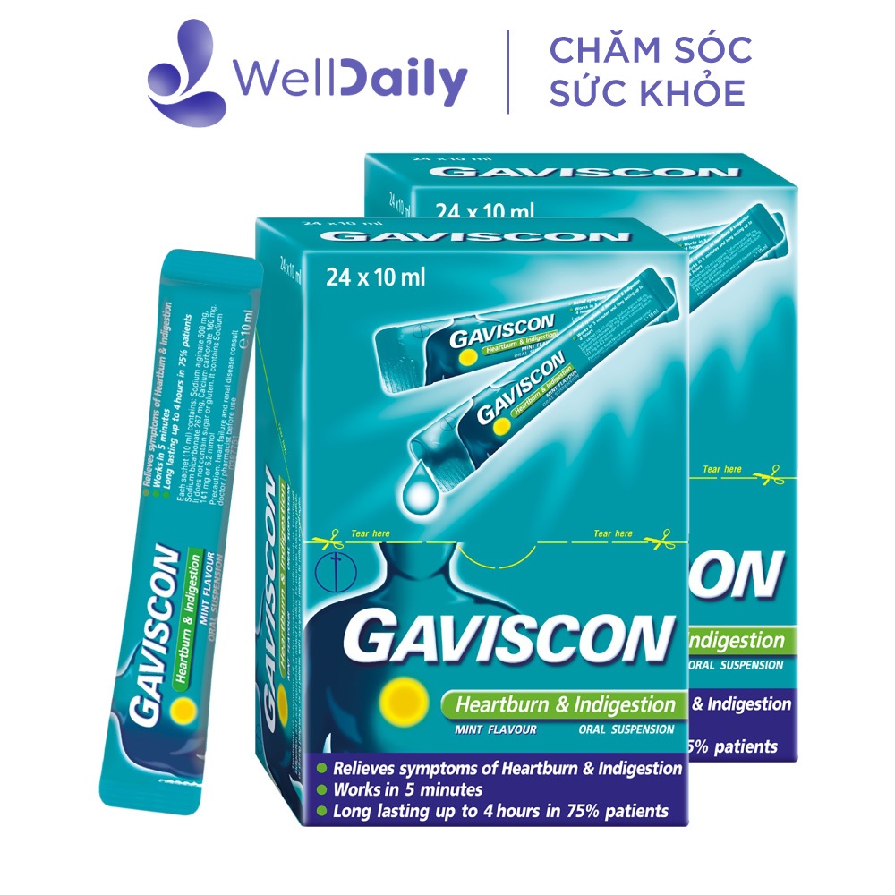 Combo 2 GAVISCON xanh điều trị các triệu chứng ợ nóng, khó tiêu và ợ chua (Hộp 24 gói x 10ml)