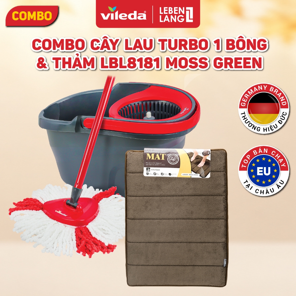 [162214 + LBL8181] Combo VILEDA Turbo Easy Wring & Clean Kèm Thảm Trải Sàn Chống Trượt Lebenlang