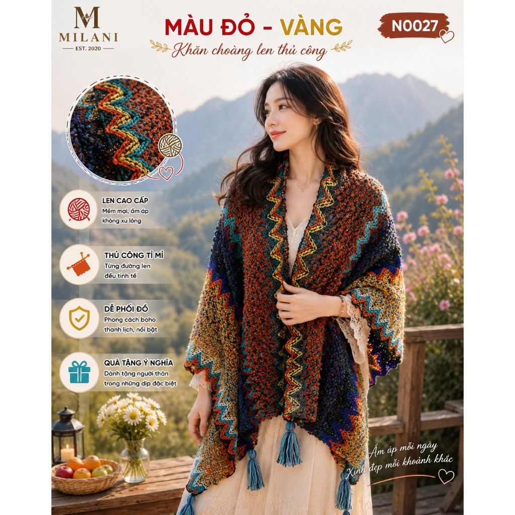 Áo Choàng Len Tua Rua Cao Cấp- Khăn Choàng Boho Thủ Công- Khăn Choàng Len