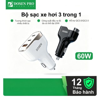 Dosen Pro Bộ Sạc Ô TÔ 60W Sạc Nhanh 3 Cổng 1 USB 2 Type-C PD QC3.0 Vỏ Kim Nhôm Nhỏ Gọn 12-24V Hỗ trợ nhiều thiết bị