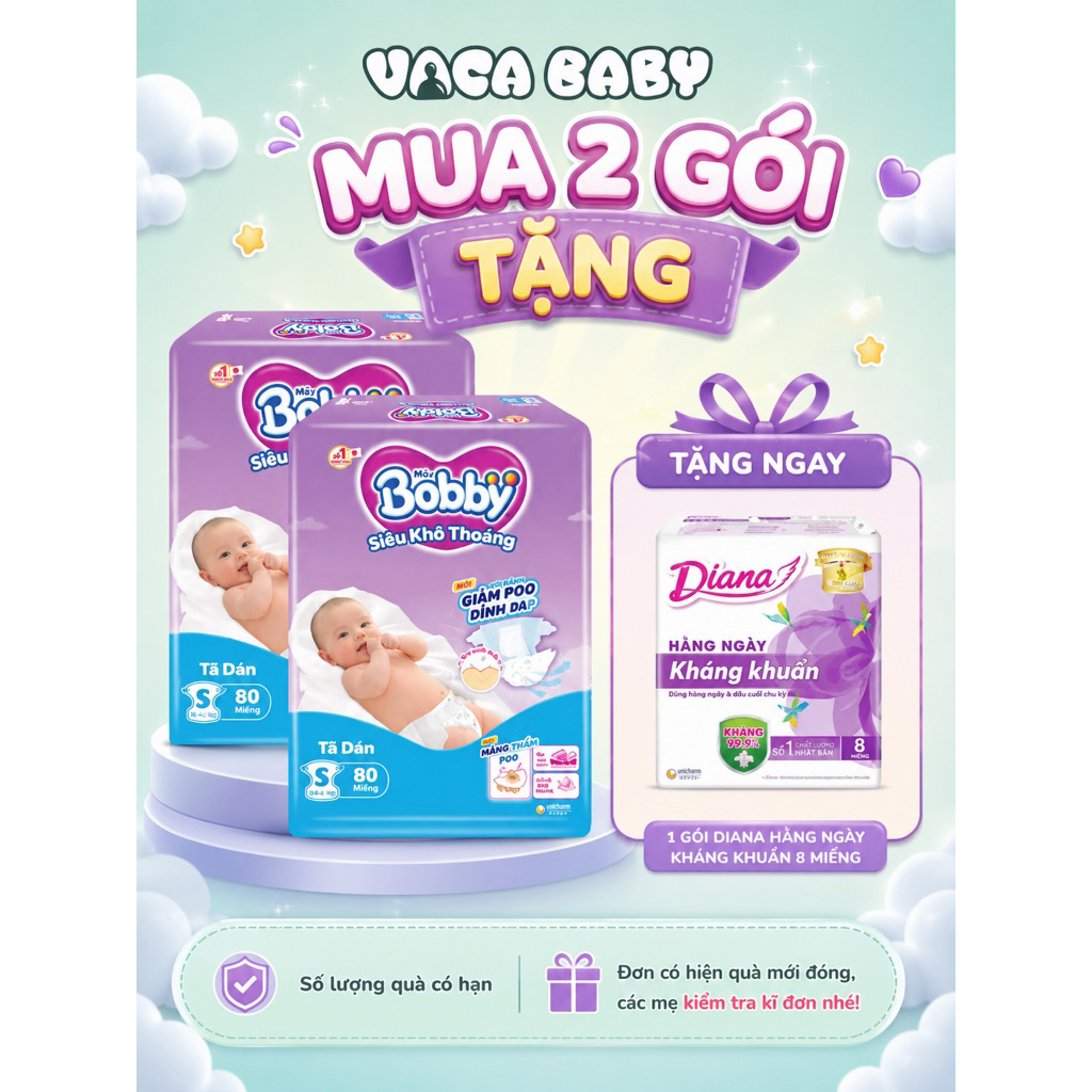 Combo 2 Gói Tã Bỉm Dán Bobby S80/M76/L68/XL62/XXL56 mới- Lõi nén cotton-soft 3mm