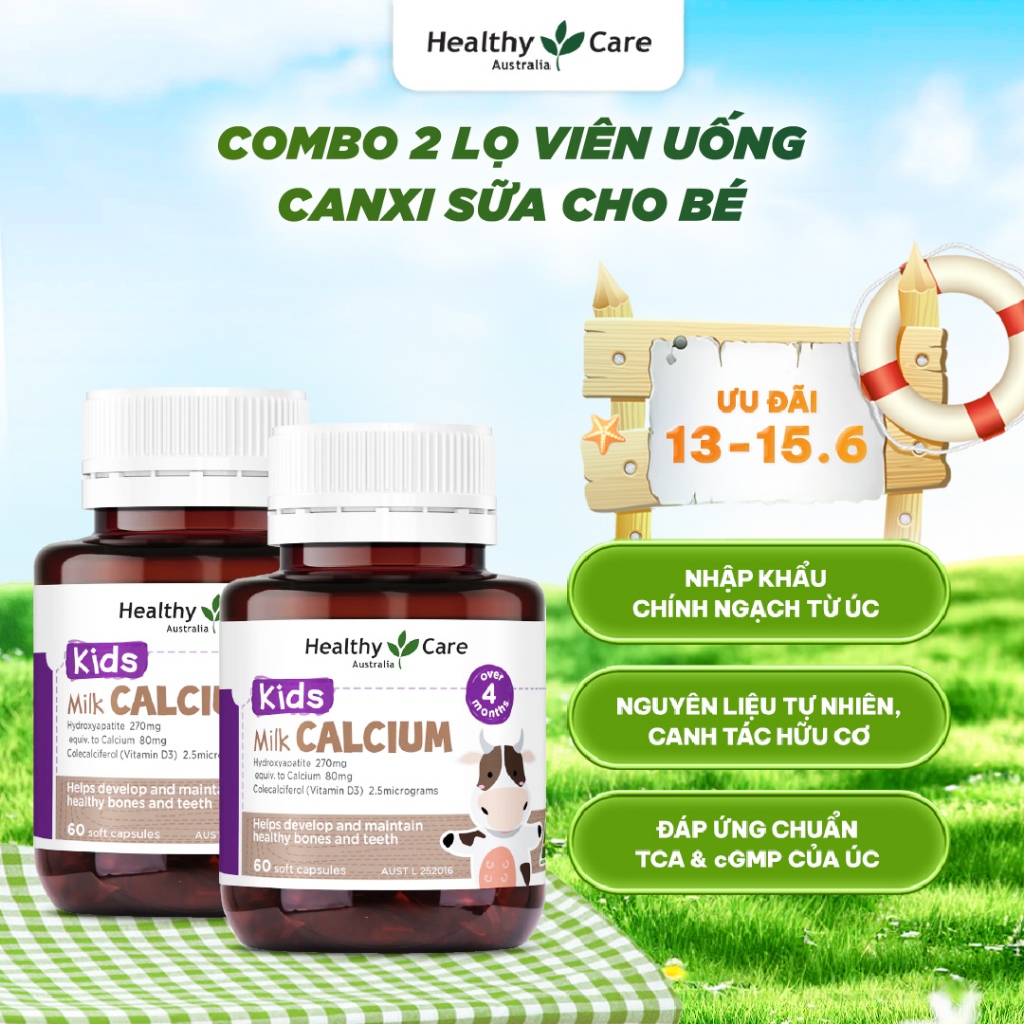 Combo Viên Uống Canxi Sữa Cho Bé Healthy Care Kids Milk Calcium Hộp 60 Viên