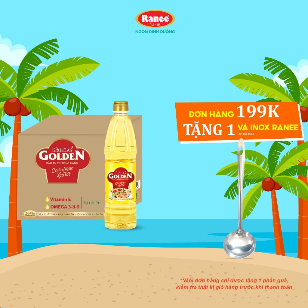 {Đơn 199k tặng Vá Inox} Thùng dầu ăn Ranee Golden 1 lít (1 lít x 12 chai)