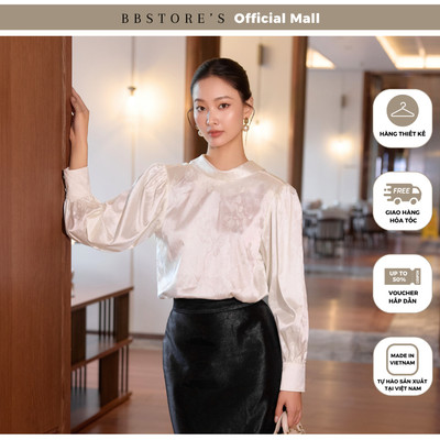 GRACY BY BBSTORE'S Áo kiểu tiệc lụa tay dài cổ tròn vạt lật lưng khoét V - AAF61V