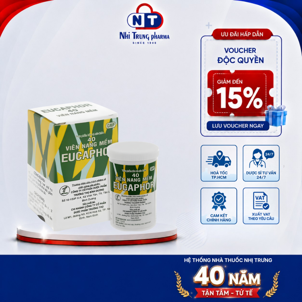 [HỎA TỐC HCM] Viên Nang Mềm Eucaphor  Hỗ Trợ Giảm Ho,Đau Rát Họng Hộp 40 Viên