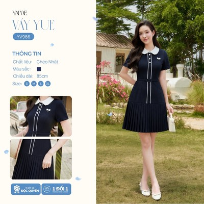 Váy Nữ Thiết Kế YAME Ngắn Tay Xanh Than Chân Váy Xếp Ly Phối Cổ Sen Lịch Sự Sang Trọng- YUE YV986