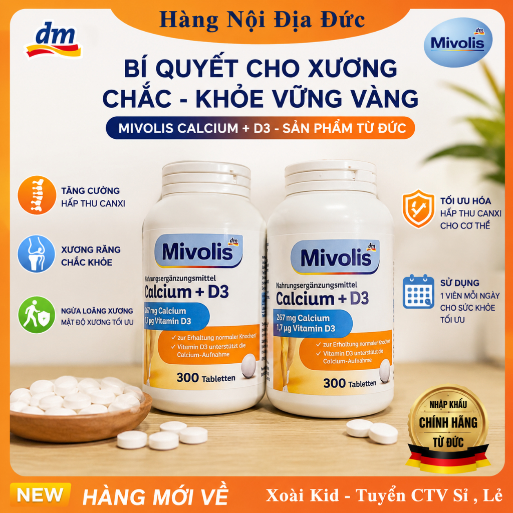 Viên uống bổ sung Canxi + D3 MIVOLIS 300 VIÊN - phòng ngừa loãng xương, chắc khỏe xương khớp CỦA ĐỨC