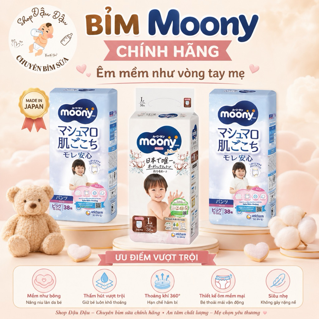[Thanh lý vỏ xấu] Bỉm Moony xanh/Moony natural chính hãng đủ size Nb/S/M/L/XL/XXL
