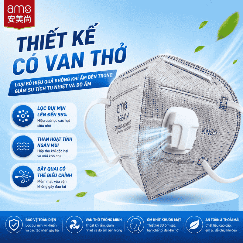 Khẩu trang vải tĩnh điện Ams 9541/9541V/ 9501/9501V chống bụi siêu mịn PM2.5 có van lọc khí