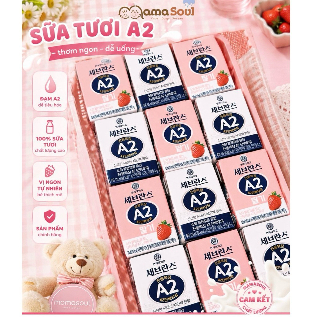 [Chính hãng] Sữa tươi A2 Yonsei Hàn Quốc – Đạm A2 Vị Dâu, Nguyên bản– Hộp 125ml cho bé từ 1y