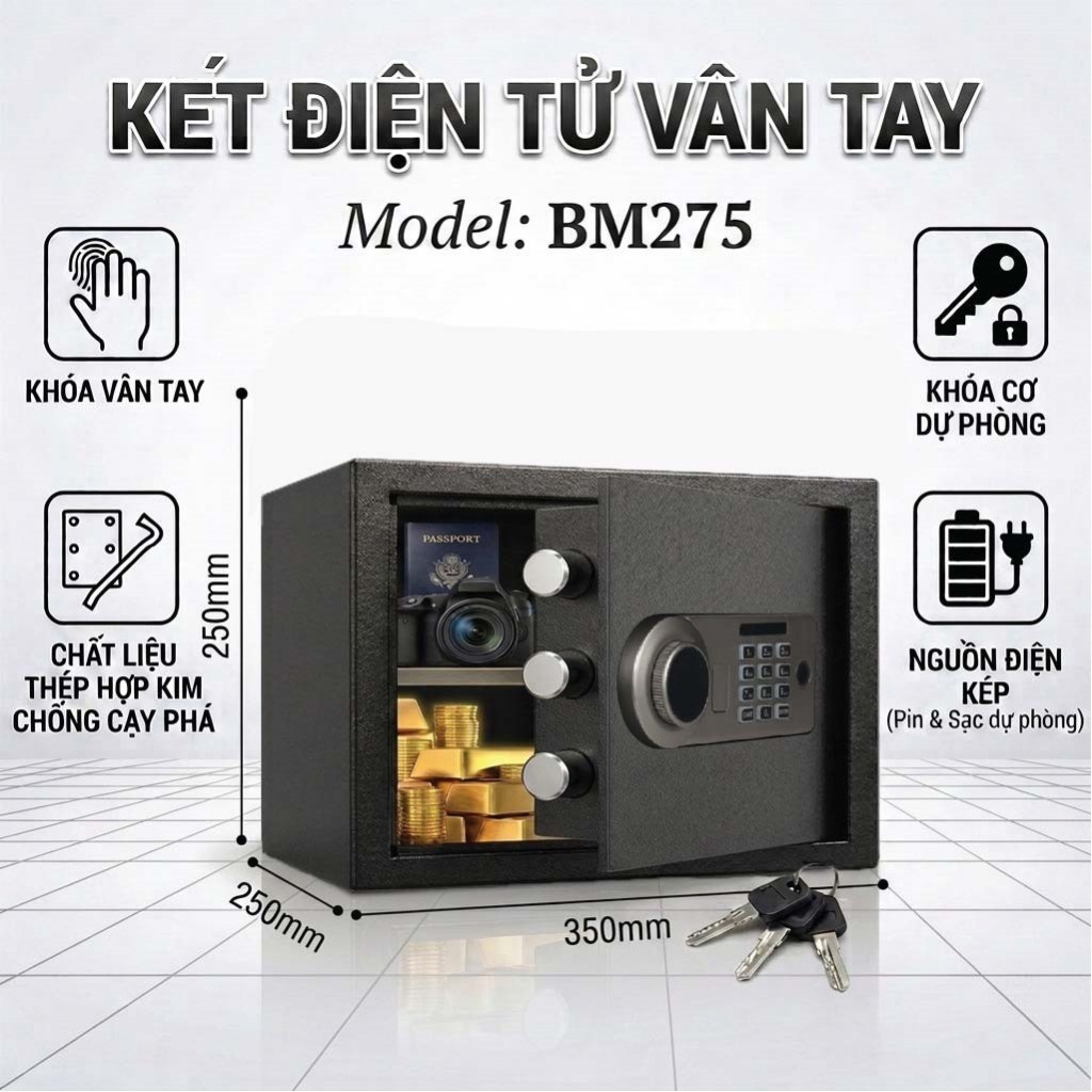 Két sắt điện tử khóa vân tay thông minh BM275, Két Sắt Khách Sạn Gia Đình kt 25x25x35 nhỏ gọn bảo mậ