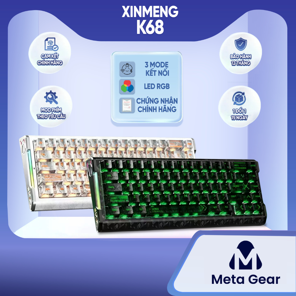 Bàn phím cơ Xinmeng K68 - Bàn phím cơ không dây led RGB, Bàn phím Hall Efect, Hotswap, 3 mode kết nố