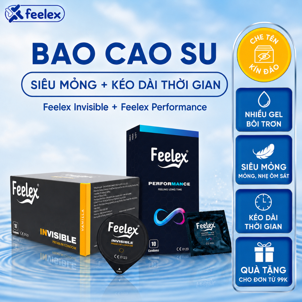Combo 2 hộp bao cao su cao cấp Feelex Invisible siêu mỏng và Feelex Performance kéo dài thời gian