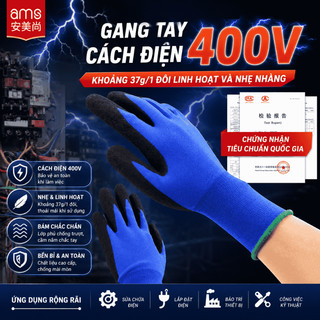 Gang Tay Cách Điện AMS 400V Cho Thợ Điện, Chống Trơn Trượt, Phủ Cao Su Rãnh Gấp Cách Điện Áp Thấp