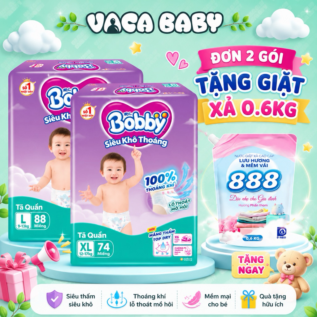 (COMBO 2 GÓI) Combo 2 gói Tã quần Bobby Ultra siêu khô thoáng M96/ L88/ XL74/ XXL68 miếng