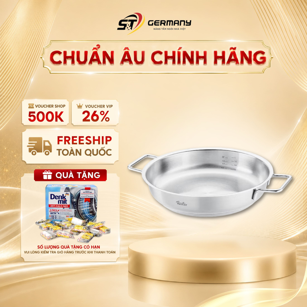 Chảo inox 2 quai Fissler Pure ,chảo thép không gỉ cao cấp,sử dụng an toàn trong lò nướng,phục vụ đẹp